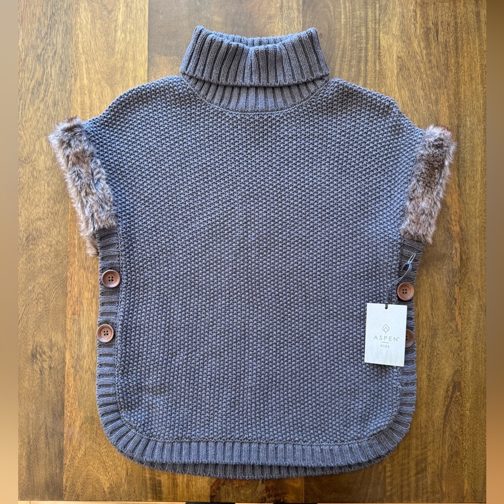Aspen Kids gray‎ turtleneck knit poncho vest faux fur trim girls size L 10/12